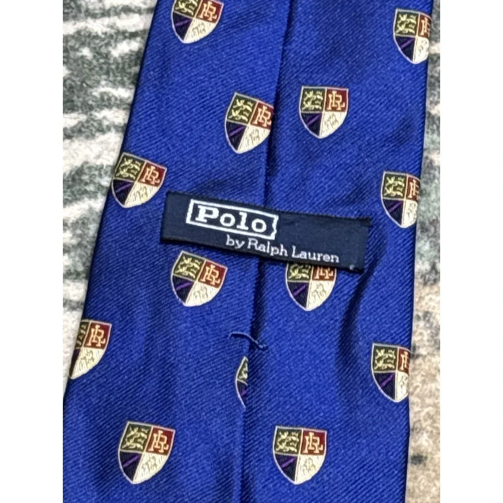 Genuine Polo Ralph Lauren Club Silk Tie - Blue With Shields Hand Made Silk USA